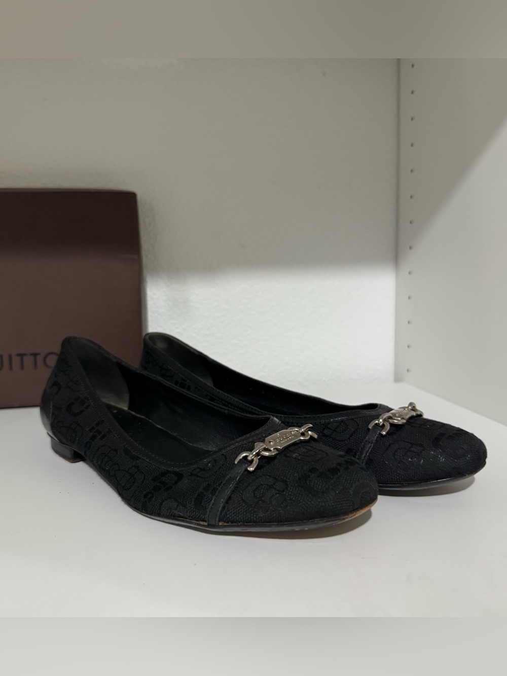 Gucci Black Logo-Patterned Ballet Flats with Silver Horsebit